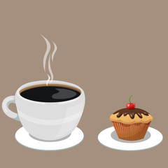 Завтрак чашка ароматного крепкого кофе и маффин с вишней и шоколадом 
