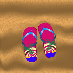 slippers with a picture of palm trees and sunset on a sandy beac