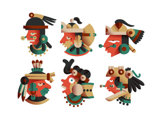 set of aztec heads for chocolate package design in flat style wi