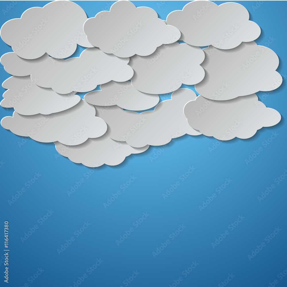 Poster Vector abstract background composed of white paper clouds over blue. Eps10.