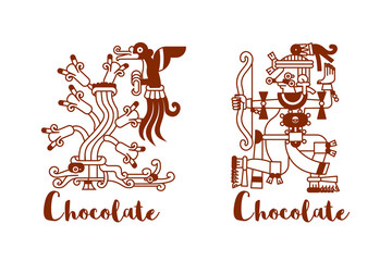 sketch drawing aztec cacao bean, leaves, nibs, pattern for choco