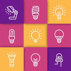 light bulbs line icons, CFL, fluorescent, halogen, lamp, flashlight
