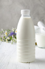 Milk in the bottle. Farm milk in a glass. Package.