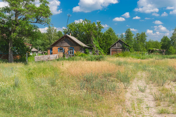 Fototapeta na wymiar June landscape with peasant houses in Mala Rublivka, Poltavskaya oblast, Ukraine