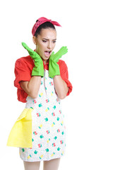 housewife concept. Home  daily routine cleaning, woman tired of too much work, wearing gloves