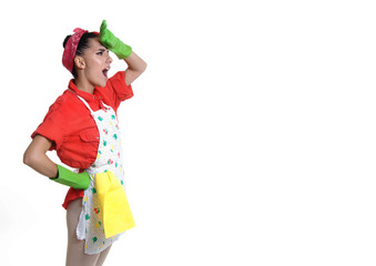housewife concept. Home  daily routine cleaning, woman tired of too much work, wearing gloves