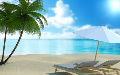 3D rendering, Beach chairs on sand beach with blurred blue sky background.