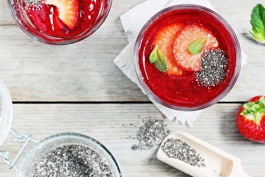 Fresh strawberries smoothies with chia seeds . Selective focus