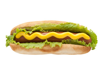 Hot Dog with mustard and lettuce isolated on white. American Fast food. National day.