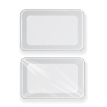 White empty plastic food container . Packaging for meat, fish and vegetables