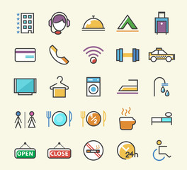Set of 25 Minimalistic Solid Line Coloured Hotel Icons. Isolated Vector Elements.