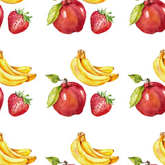 Watercolor seamless pattern with fruits Apple banana strawberry