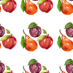 Watercolor seamless pattern with fruits Apple Plum Pear