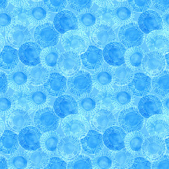 Watercolor blue circles pattern on blue background. Hand painted tribal design with different ornaments. Bright blue ornate ethnic seamless texture.Hand painted cerulean rustic elements. Mixed media.