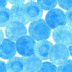 Watercolor blue circles pattern on white background. Hand painted ethnic design with different ornaments. Bright blue ornate tribal seamless texture. Hand painted cerulean rustic spots elements.