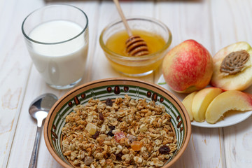 A healthy breakfast: Mosley with candied fruit, milk and honey
