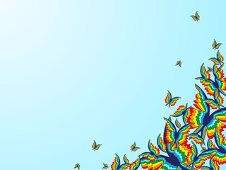 Abstract blue background with rainbow butterflies in the corner of the image