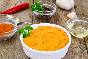 Hummus with Curry, Turmeric, Raw Chickpeas on the Boards