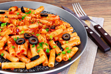 Pasta with Tomato Ketchup Sauce, Green Onions and Cheese
