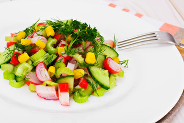 Salad of Celery, Crab Stick, Cucumber, Corn and Dill