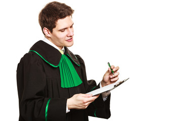 Young male lawyer hold clipboard.