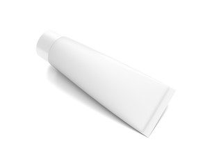 White horizontal cosmetic cream tube from top front angle.