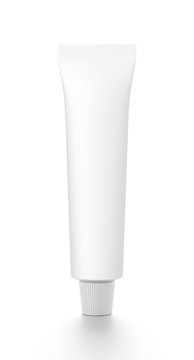 White vertical cosmetic cream tube from front angle.