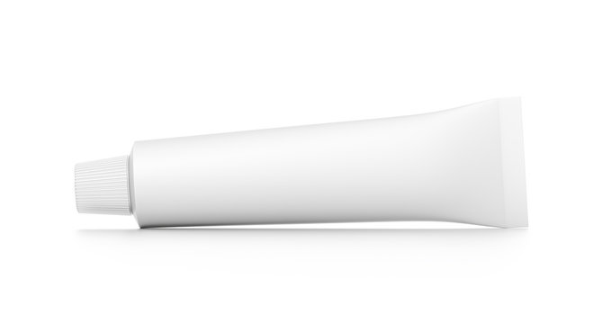 White horizontal cosmetic cream tube from front angle.