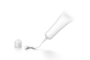 White vertical squeezed cosmetic cream tube from front far angle.