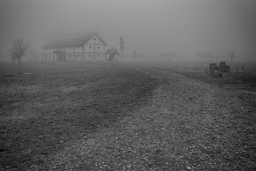  farm in fog B&W