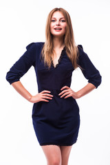 Young blonde lady in dress posing on white background