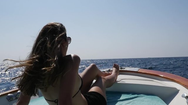 Young Girl Having Fun in a Boat Travel, Capri Island, Italy (in Slow Motion)