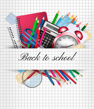 Back to school. Background with supplies. Vector