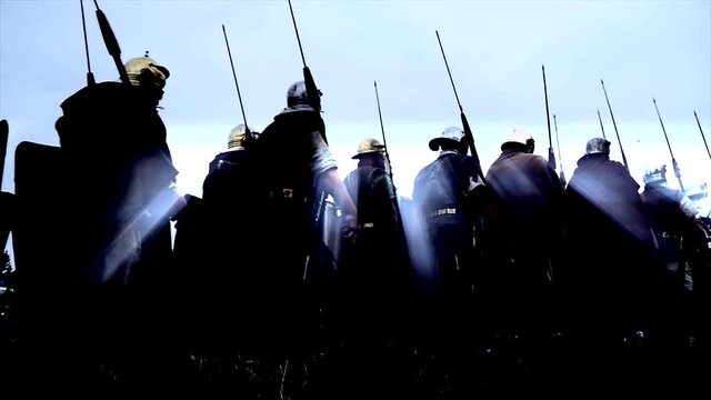 troop of historical gladiators marching together. 