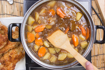 Japanese pork curry in the pot