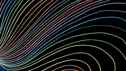 black background with curving lines in pastel colors of blue pink purple green and yellow, hand drawn abstract background pattern