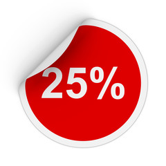 25% - Twenty Five Percent Red Circle Sticker with Peeling Corner 3D Illustration