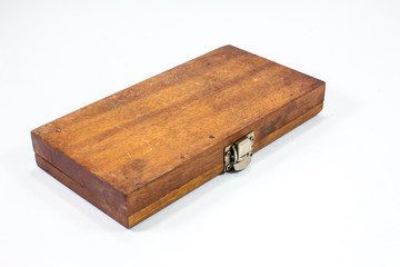 Closeup of old wooden tool box on the white background 
