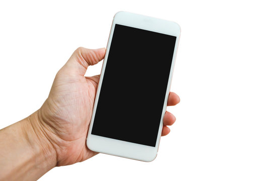Hand holding smartphone on white background