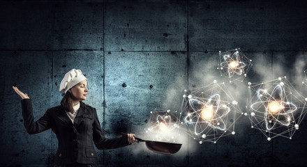 She is going to cook her idea  . Mixed media