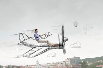 Woman in drawn airplane  . Mixed media