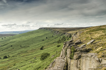 Magnificent landscape of rock formations and moorland at Stanage Edge in the Peak District in Derbyshire, a stunning area of great natural beauty covering 555 square miles across central England