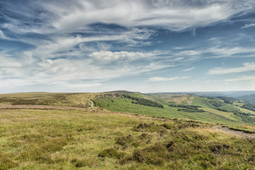 Magnificent landscape of rock formations and moorland at Stanage Edge in the Peak District in Derbyshire, a stunning area of great natural beauty covering 555 square miles across central England