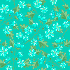 Fototapeta na wymiar Seamless ditsy. Floral pattern. Flowers background. Vector illustration. Blue flowers on turquoise background.