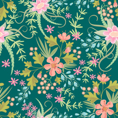 Seamless ditsy. Floral pattern. Flowers background. Vector illustration. Multicolored flowers on green background.