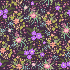 Seamless ditsy. Floral pattern. Flowers background. Vector illustration. Colorful flowers on a dark background.