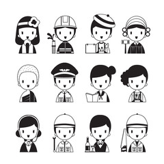 People Occupations Icons Set, Monochrome, Profession, Avatar, Worker, Job, Duty