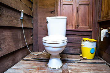 Wooden wall and floor vintage style in small toilet interior