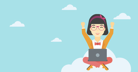 Woman on cloud with laptop vector illustration.