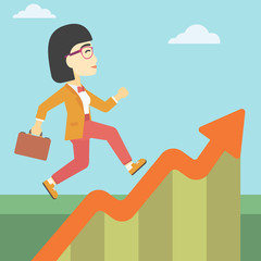 Business woman running along the growth graph.